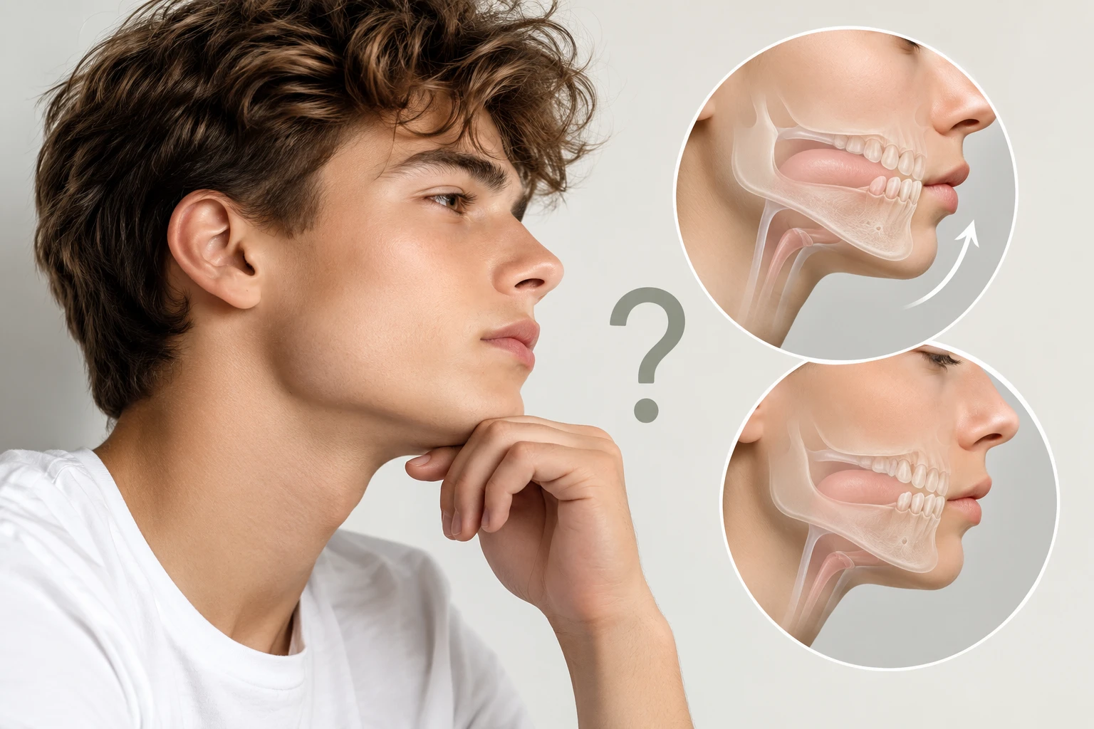 Junger Mann im Seitenprofil mit Darstellung von Kiefer und Zungenposition zum Thema Mewing und Jawline-Training.